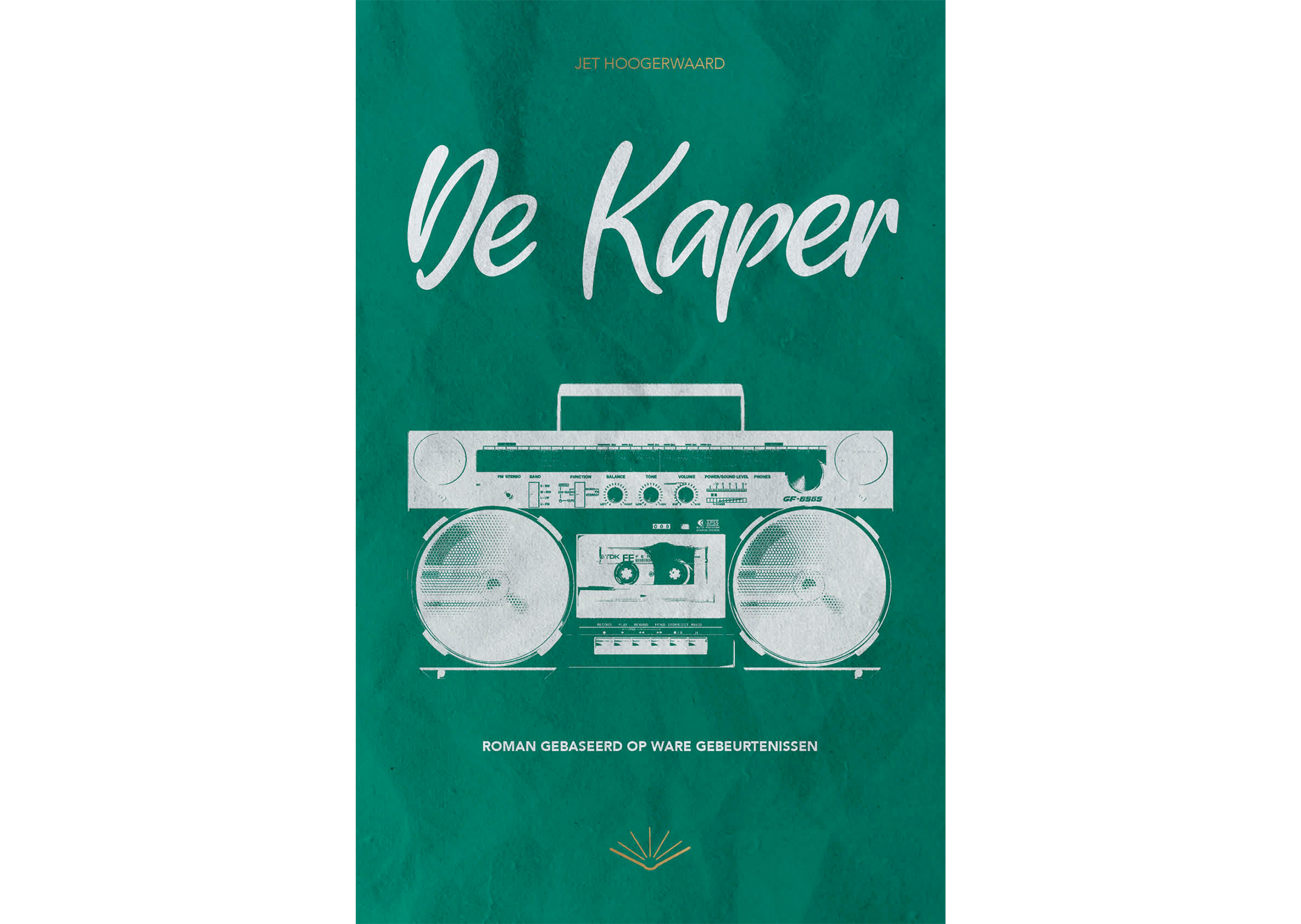 Boekomslag van De Kaper van Jet Hoogerwaard, met een witte retro-cassetterecorder op een groene achtergrond.