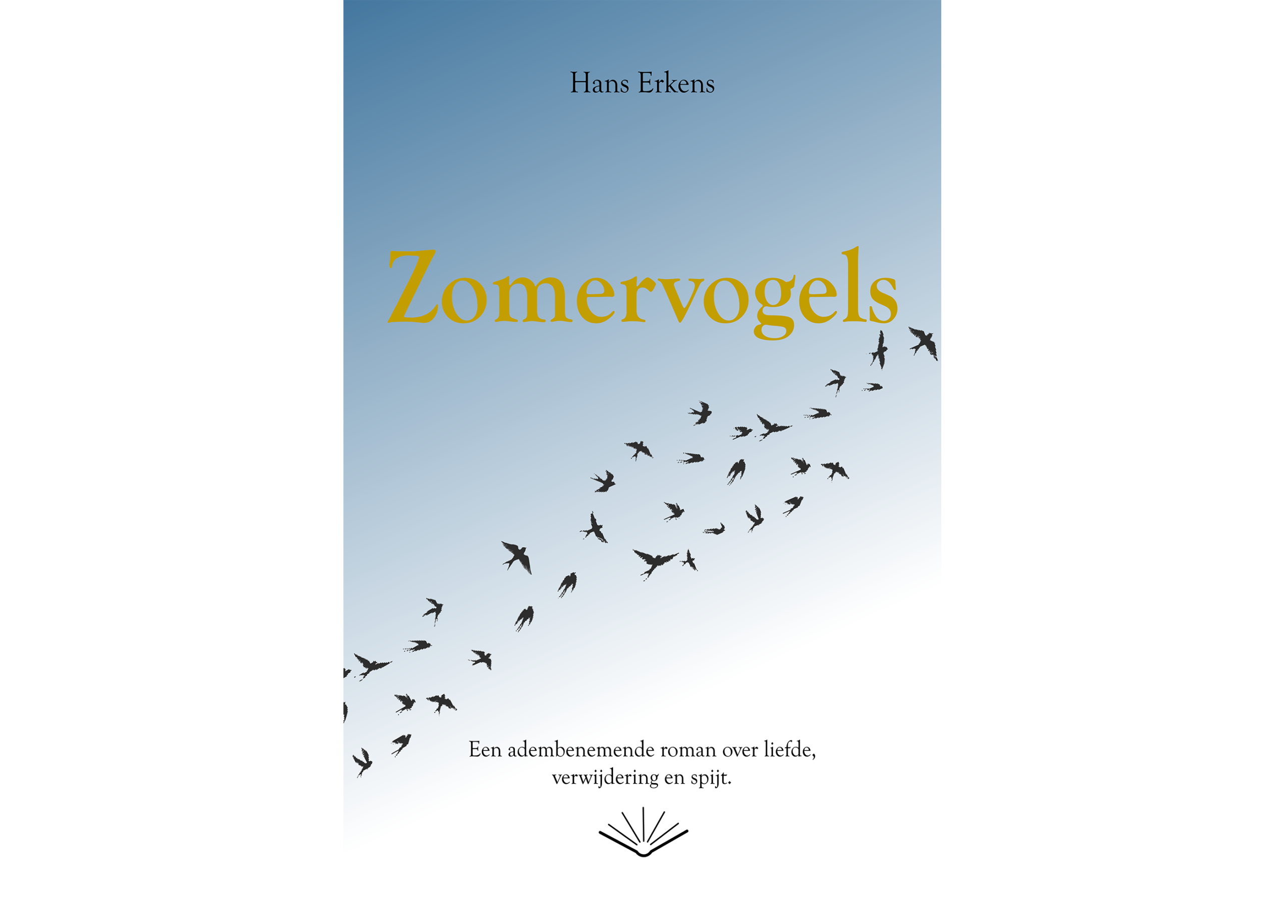 Boekcover van Zomervogels van Hans Erkens met een blauwe lucht, een zwerm vogels en de ondertitel: ‘Een adembenemende roman over liefde, verwijdering en spijt.
