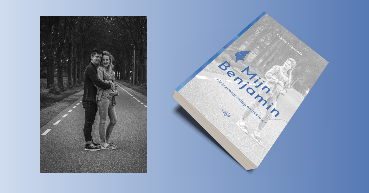 Celeste Engwerda en haar man Hampus en de cover van Mijn Benjamin