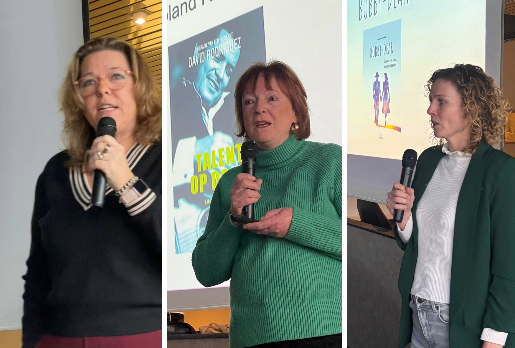 Jet Hoogerwaard, Linda Wouters en Lenny van Gessel bij de lezing De kracht van verhalen